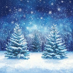 Snowfall landscape with snowy trees on the hills. Christmas and New Year greeting card illustration background.