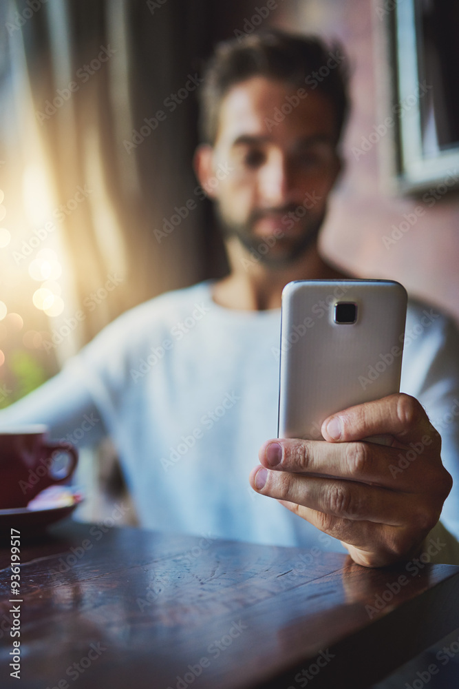 Poster man, phone and communication in coffee shop for social media, app and check menu on online website. 