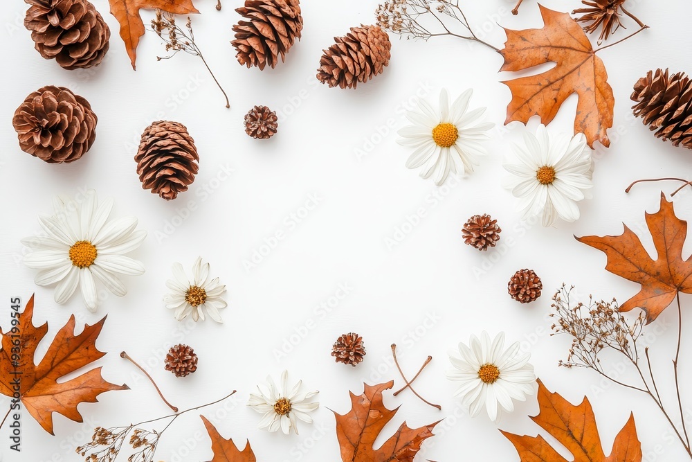 Poster Embrace autumn with this composition. Frame made from autumn dried leaves on a white background. Flat lay, top view, copy space.