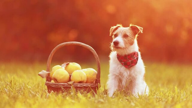 Cute healthy attentive jack russell terrier dog sits in the grass next to a basket of apples in autumn