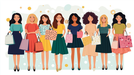 Fototapeta premium Group of happy and diverse women holding shopping bags is smiling