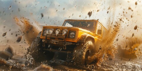 Off-Road Adventure: Yellow Jeep Splashing Through Mud