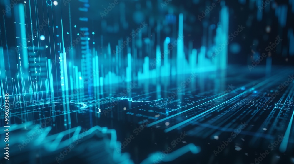 Poster Background with a generic business theme. Animated blue chart elements with depth of field settings.