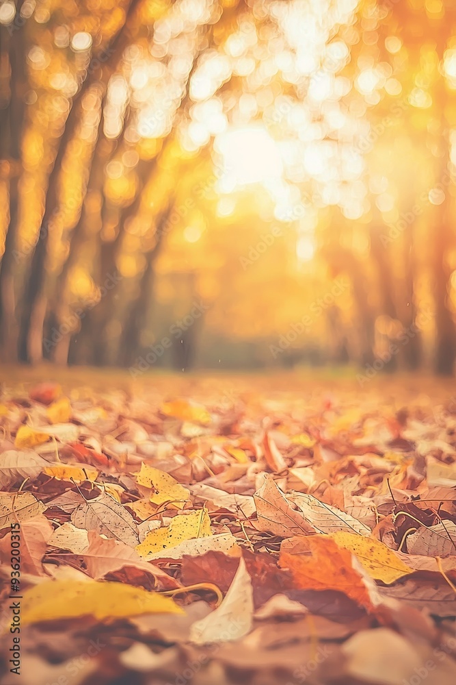 Poster golden autumn card with autumn maple leaves in sunlight, bokeh. beautiful nature background with for