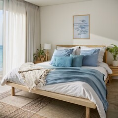Home mockup, simple cozy Coastal bedroom interior background, 3d render
