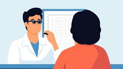Obraz premium A doctor consulting a patient in an office with an eye chart, showcasing a medical examination atmosphere.