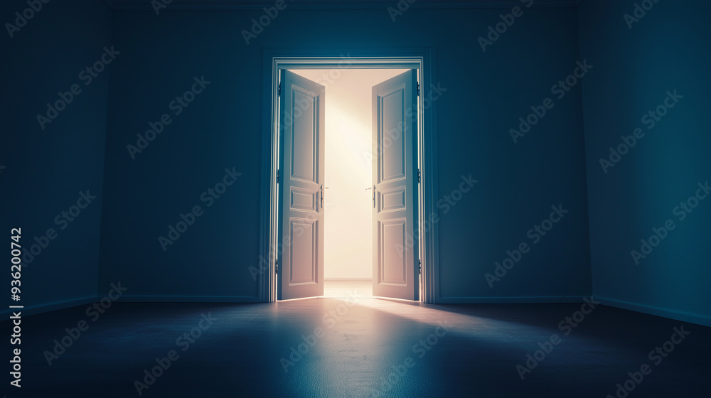 Poster light is shining from an open door into a dark room