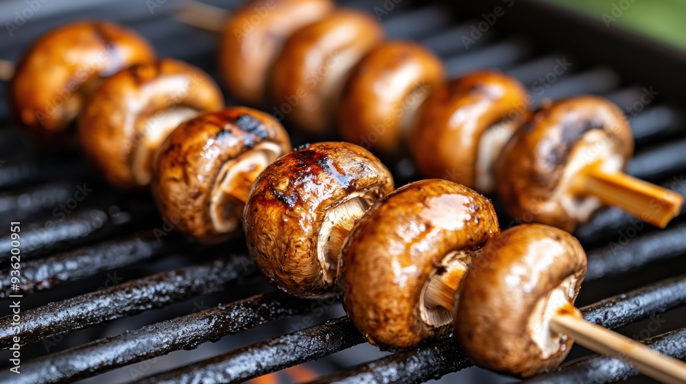 Canvas Prints A close up of a grill with mushrooms on skewers, AI