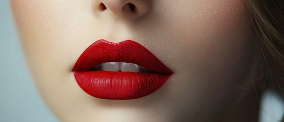 Fototapeta premium Close-up of a woman's red lips with a hint of teeth