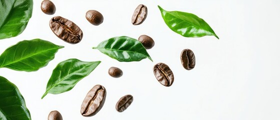 Coffee Beans and Leaves Falling on a White Background