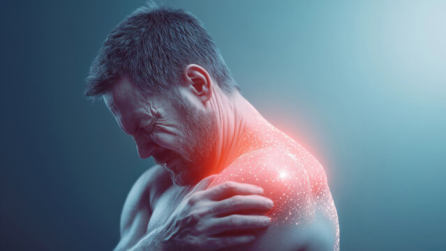 Man suffering from intense shoulder pain highlighted with red inflammation, representing injury or arthritis