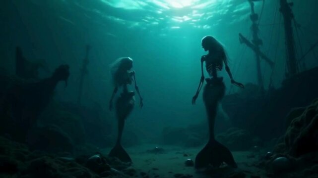 Skeleton mermaids in eerie underwater shipwreck
