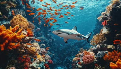 Fototapeta premium A grey reef shark swims through a vibrant coral reef with bright orange fish.