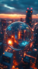 A reflective glass sphere hovers in the air, capturing the vibrant lights of a bustling cityscape within its surface.