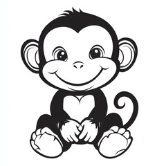 Outline illustration of a black and white monkey for drawing and coloring on white background