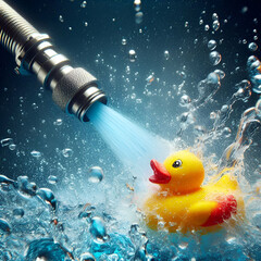 A yellow rubber ducky floats on the surface of water full of soapy foam, creating a cheerful picture