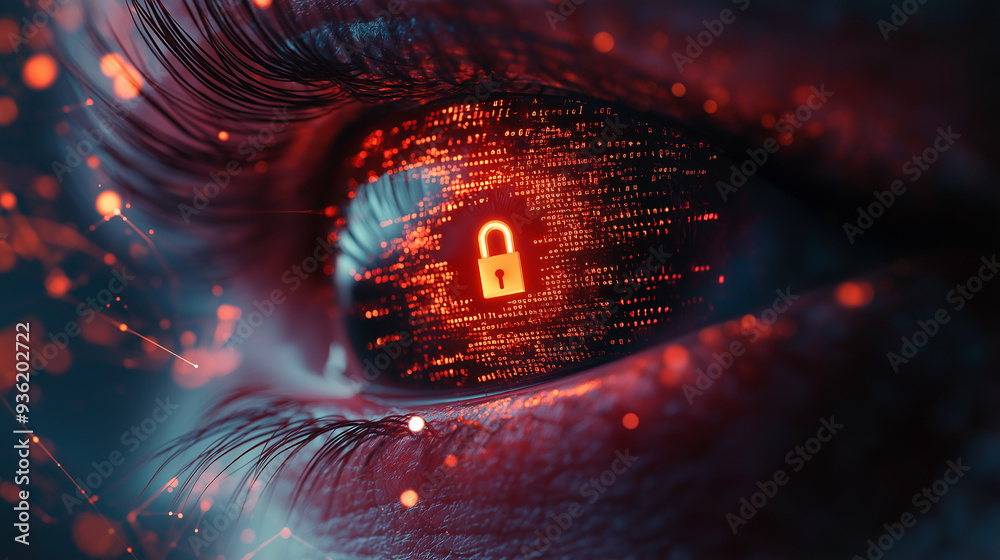 Poster Human eye showing digital security lock with data code reflecting in it