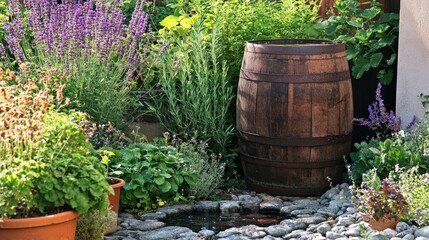Fototapeta premium Garden rainwater collection setup with a barrel, illustrating eco-friendly water conservation methods.