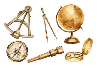 watercolor set of vintage nautical equipment, old brown globe of earth, navigation tools, sextant, divider, sailor compass, metal spyglass, historical illustration, for adventure posters