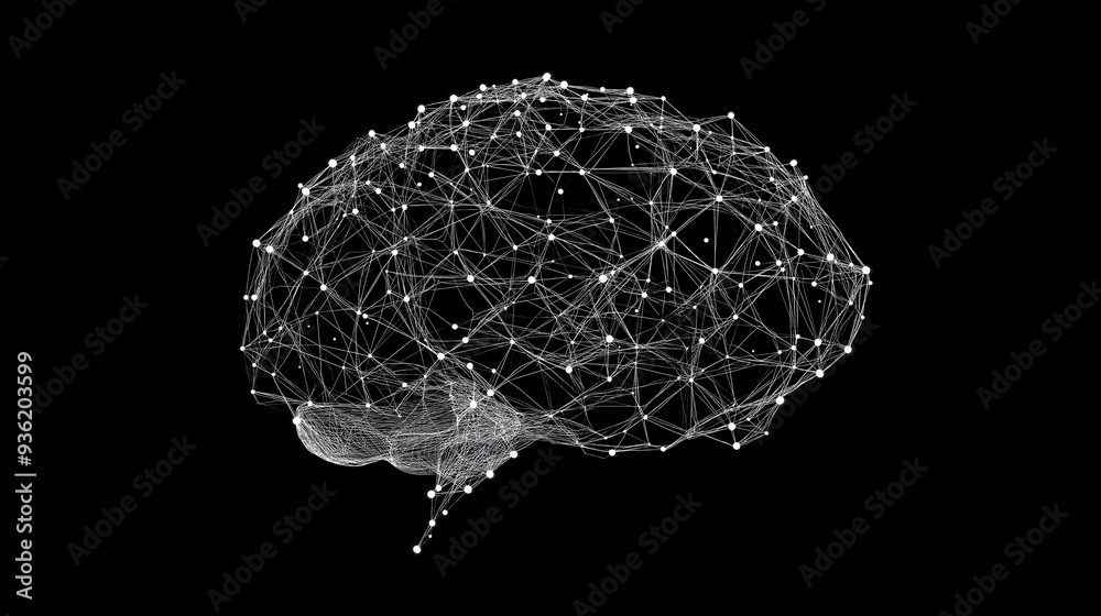 Aufkleber wireframe of human brain is glowing from inside on dark background