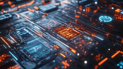 Obraz premium 7. A futuristic network interface with floating icons and holographic screens displaying data