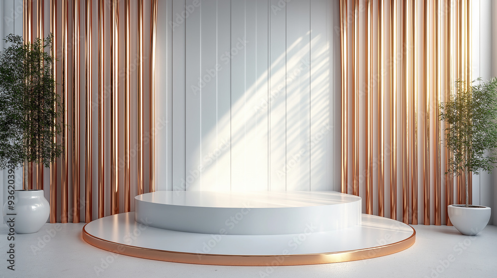 Aufkleber white round podium displaying with copper backdrop and plants in minimal studio
