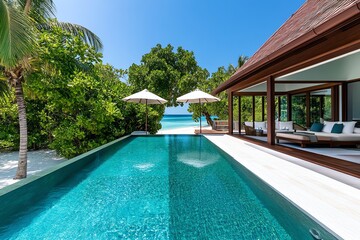 Fototapeta premium A luxurious private pool with stunning ocean views and lush tropical foliage.