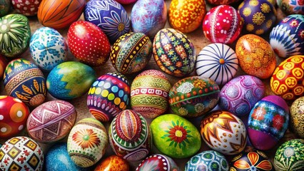 Collection of beautifully decorated Easter eggs in various colours and designs, Easter, eggs, decoration, colors, designs