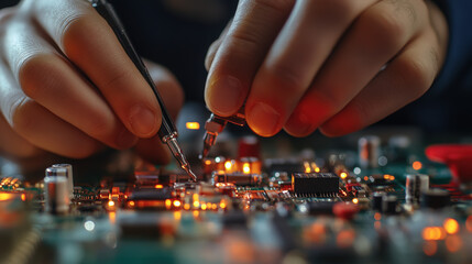 An electrical engineer holding a multimeter and testing a circuit board