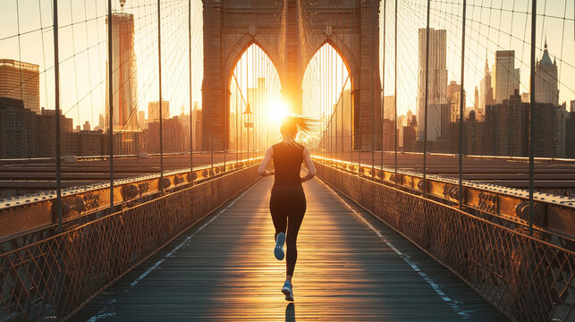 Young sporty woman running on brooklyn bridge at sunrise