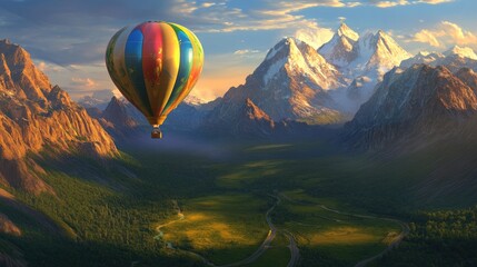 Fototapeta premium Hot air balloon, painted in vivid colors, drifting over a green valley, framed by a road and towering mountains at dawn