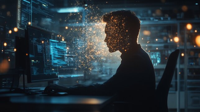 A computer in front of a man with a projection of a lot of data.