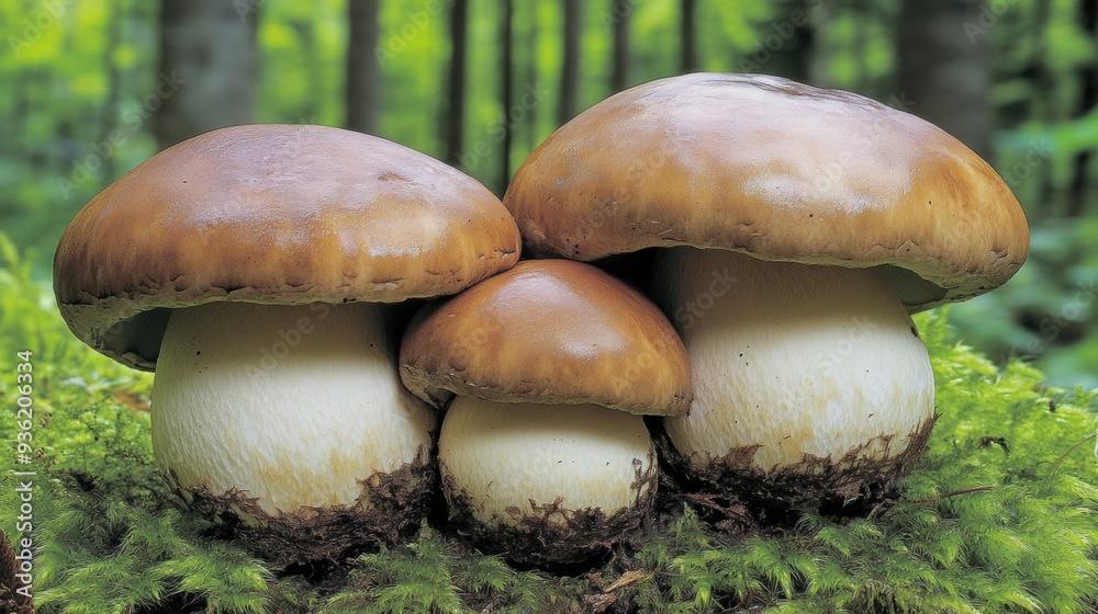 Canvas Prints Three mushrooms are sitting on top of some green grass, AI