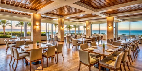 Interior view of dining hall at beach resort and spa in Spain, luxury, elegant, Mediterranean, vacation