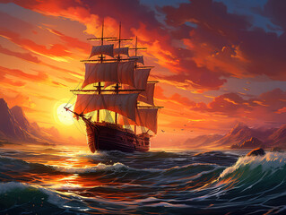 Obraz premium Luxurious Pirate ship stuck on shallow in sea at sunset time