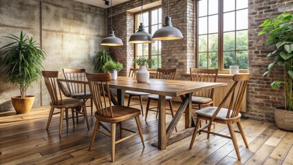 Dining area with rustic wooden table and mismatched chairs, dining room, furniture, interior design, home decor, vintage