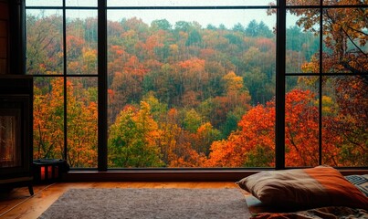 Cozy living room, wide window, view of rainy autumn landscape