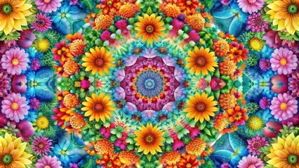 Colorful floral kaleidoscope postcard with vibrant colors and intricate patterns , Neon, Dazzling, Bursting, Vibrant