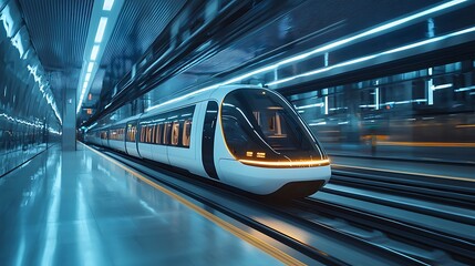 Fototapeta premium Futuristic train speeding through a modern subway station, highlighting advanced transportation.