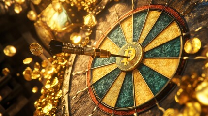 Obraz premium A golden dart embedded in a colorful dartboard surrounded by shiny coins. The image captures the excitement of games and the thrill of winning. This vibrant visual reflects the joy of success. AI