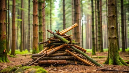 Stick pile balanced on tree trunk in a dense forest , nature, wood, branches, stack, outdoors, wilderness, environment, balance