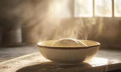 Dough rising in a bowl on a stone countertop