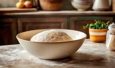 Dough rising in a bowl on a stone countertop