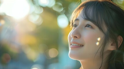 A candid close-up photo of a young cute Japanese woman smiling softly