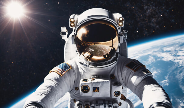 An astronaut floats in space, taking a selfie with Earth in the background