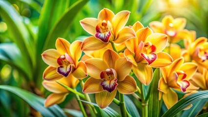 Obraz premium Golden yellow Cymbidium orchid with vibrant green leaves, a tropical flower plant , tropical, exotic, vibrant, botanical, yellow
