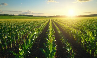 Closeup view on the green corns on the cornfield under the sunset light