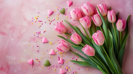 Bouquet of pink tulips with decorative heart sprinkles on soft pastel light background. Top view. Valentines day festive background. 