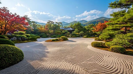 Zen garden with white gravel and autumn foliage, creating a peaceful and serene environment.
