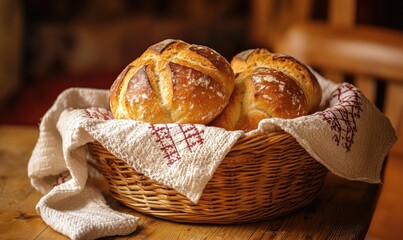 Freshly baked bread in a basket, rustic kitchen